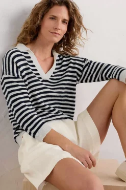 Women Seasalt Cornwall Gwynver Lightweight V-Neck Collared Jumper